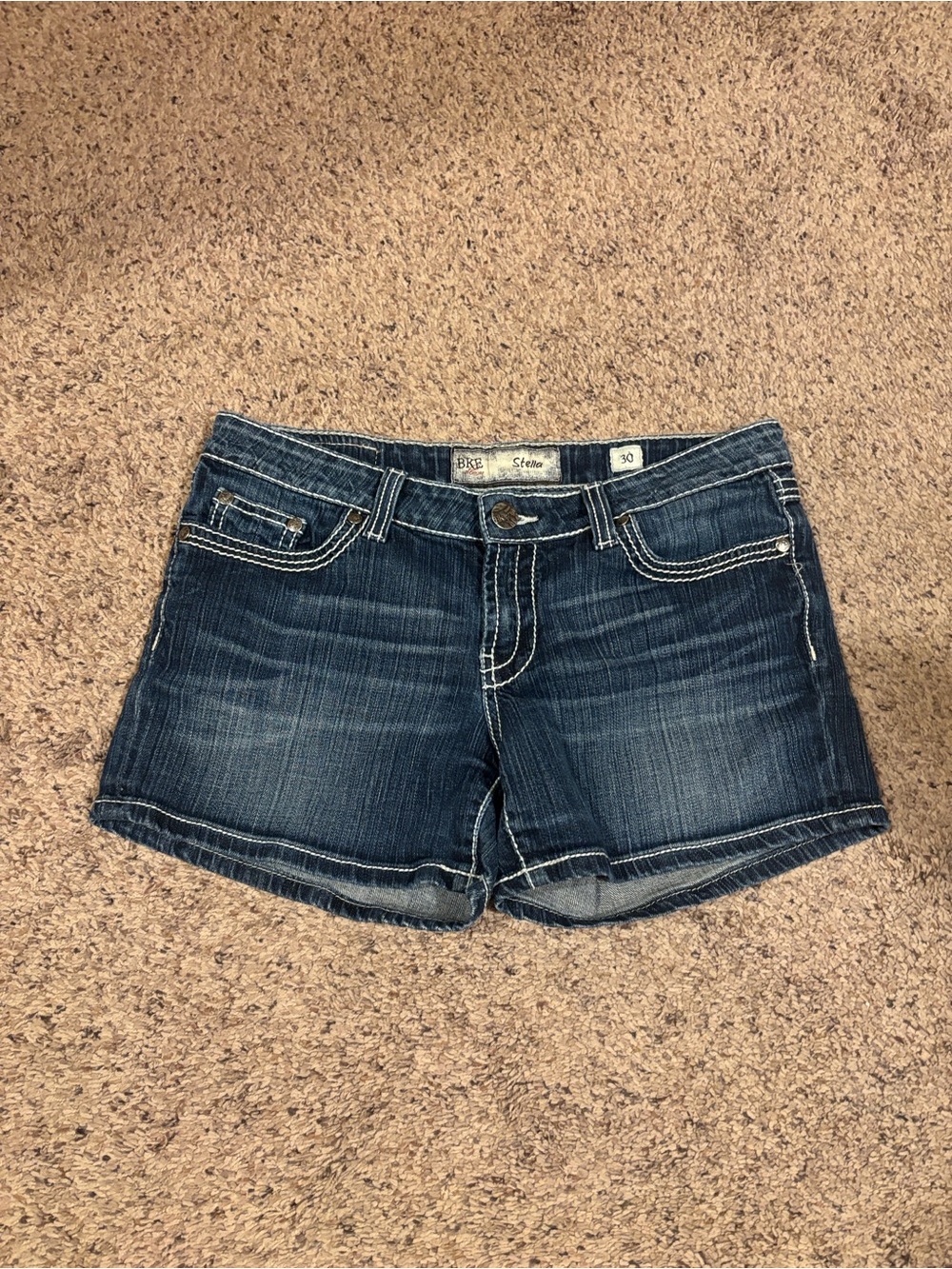 BKE Dark Blue Denim Stella Low Rise Jean Shorts with Contrast Stitching 30